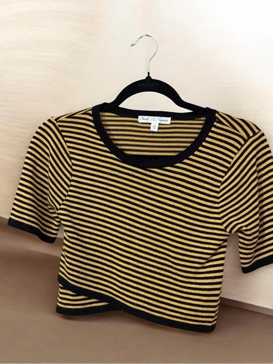 Tops - Striped Black and Mustard Short Sleeve Knit Top -